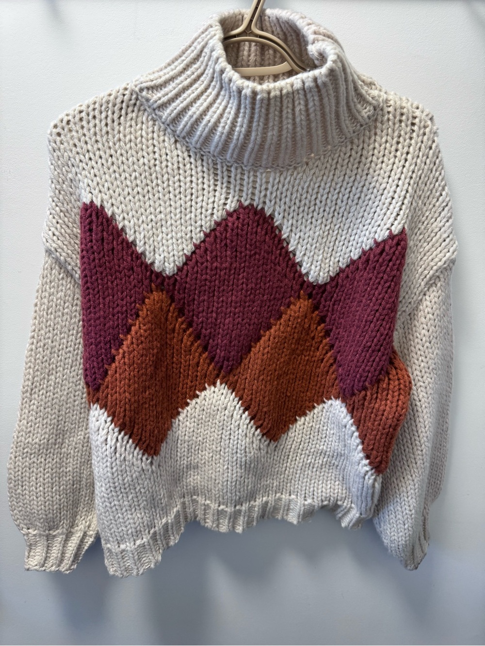 Bobbles and Lace Cozy Cream Turtleneck Sweater with Pink and Rust Chevron